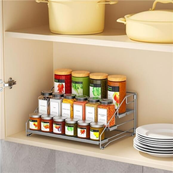 4 tier adjustable spice rack organizer metal cabinet pantry shelf seasoning hold - Picture 2 of 7